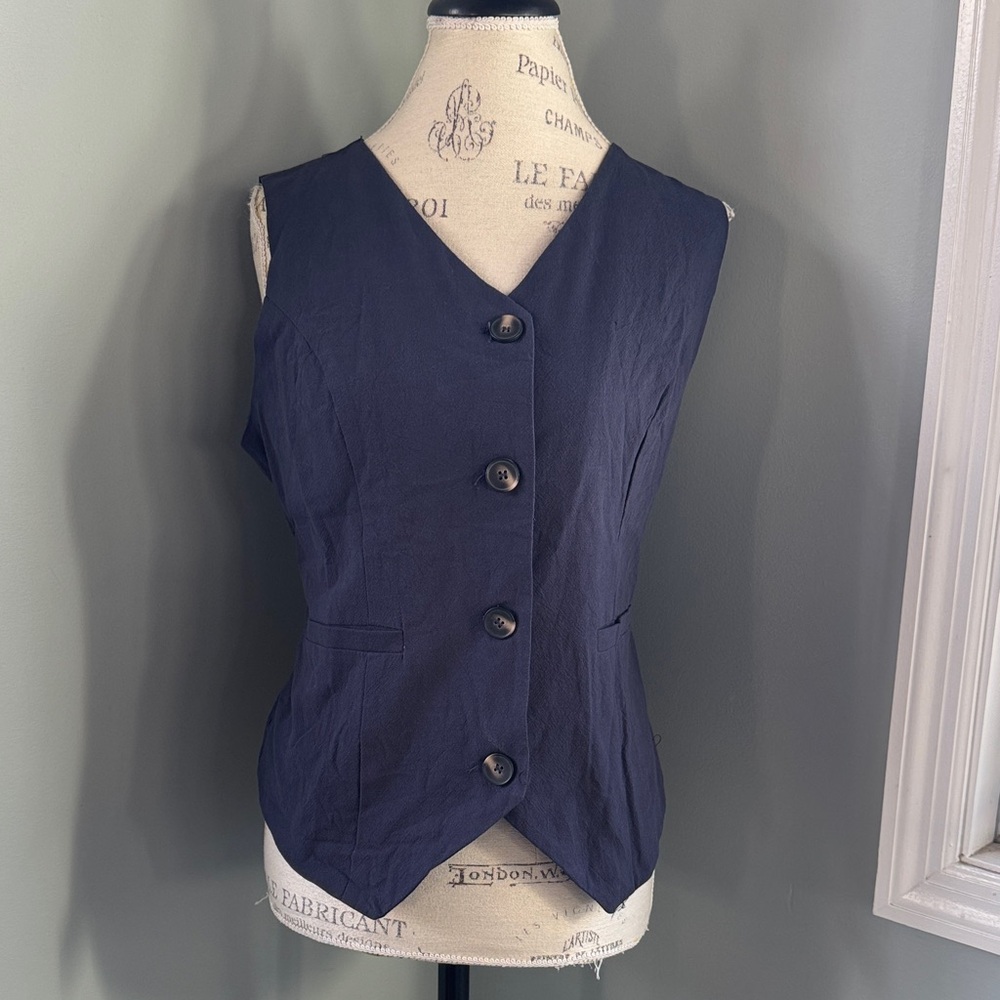 Ficerd navy blue linen blend button‎ vest NWT size Large